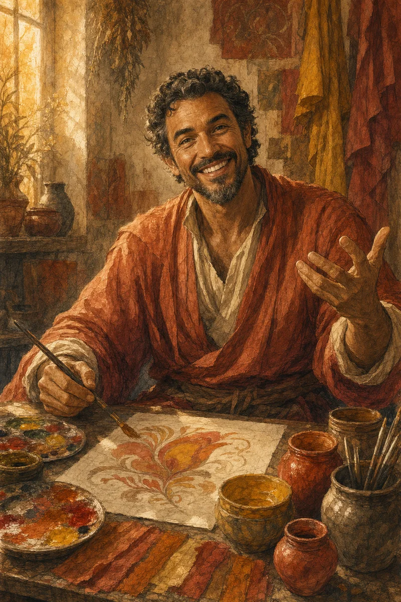 Illustrated portrait of Diego, the Maximalist - an exuberant wizard in a colour-splashed robe at a workbench of bright pigments and bold lettering