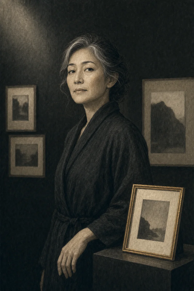 Illustrated portrait of Iris, the Curator - a poised wizard in a dark robe standing in a gallery of framed photographs lit like an exhibition