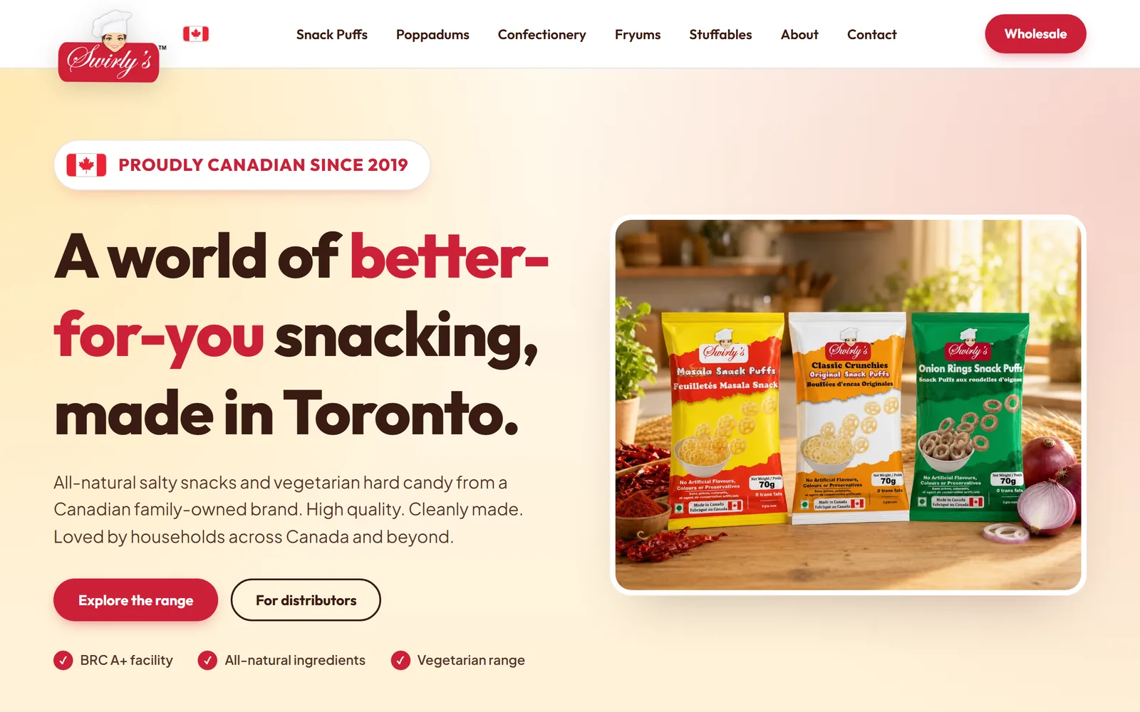 Redesigned homepage for Swirly's World, a Canadian snack brand