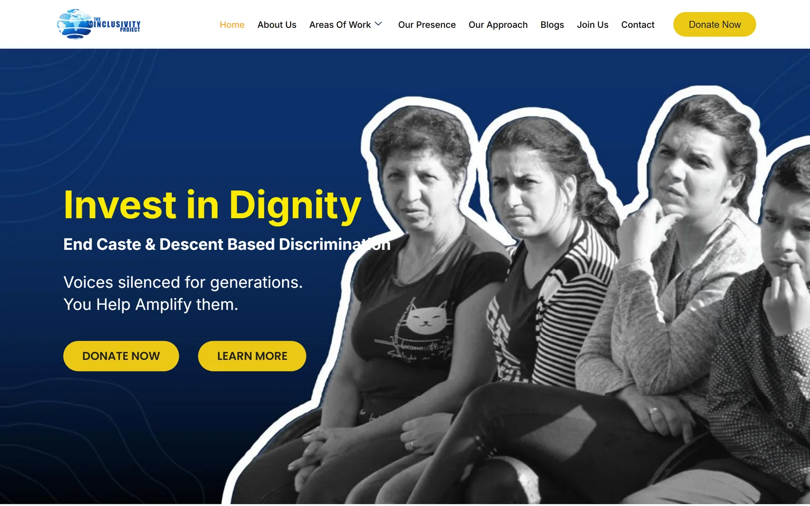 The old Inclusivity Project homepage: a busy diagonal montage on dark navy